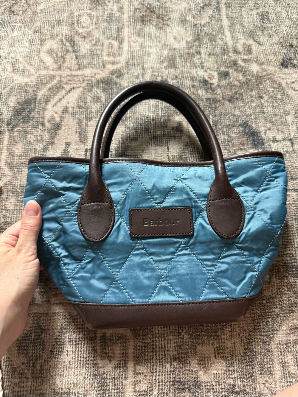 New Barbour Quilted blue Mini Tote with Brown Leather Trim